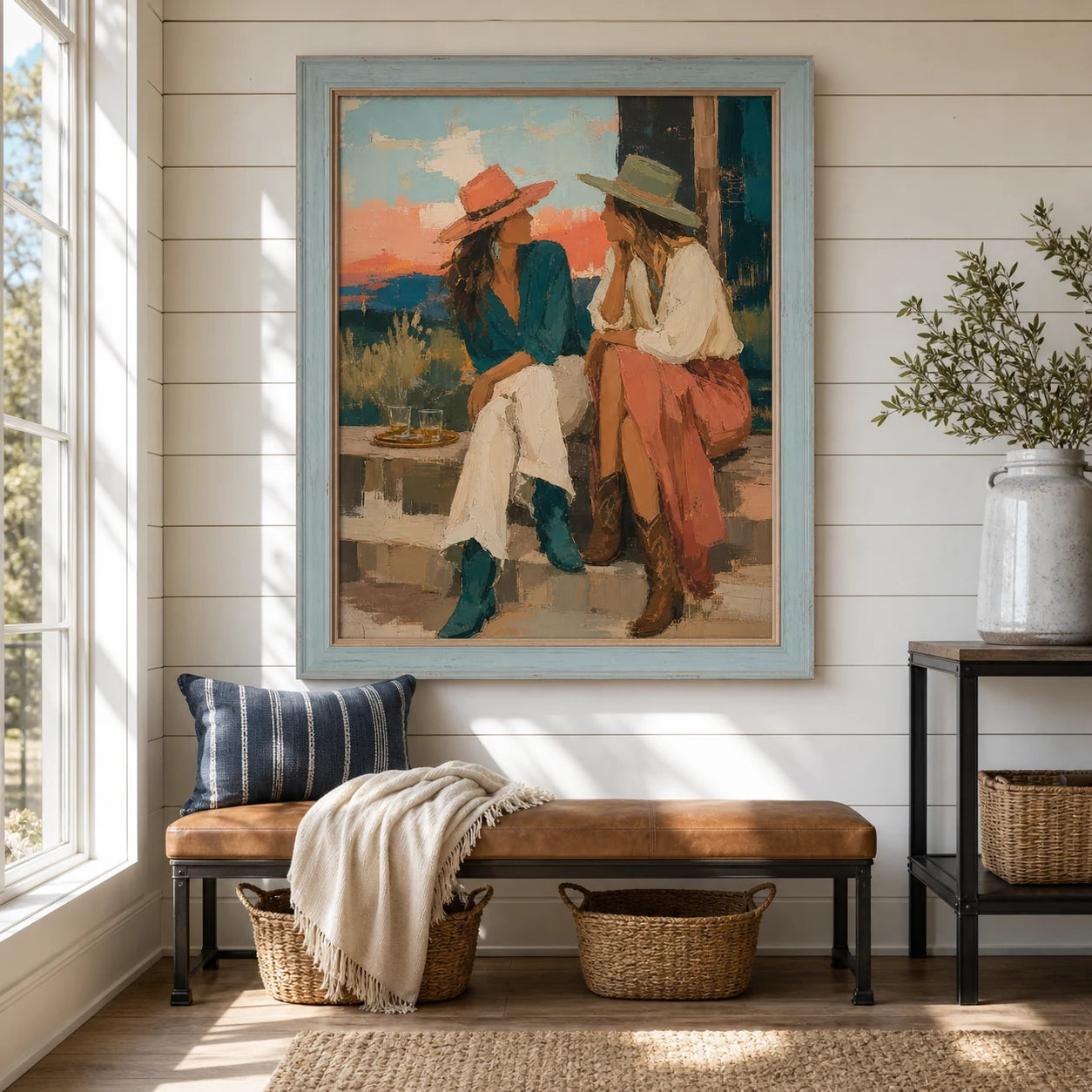 Porchlight Exchange - straight-on front view of the vertical Western oil painting