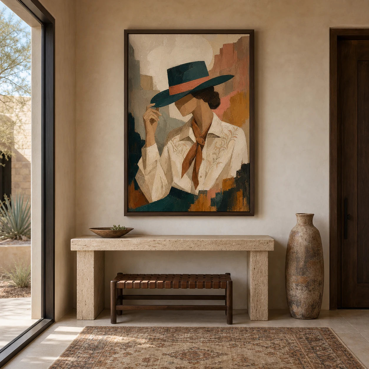 Teal Brim Reverie - straight-on front view of the vertical Western oil painting