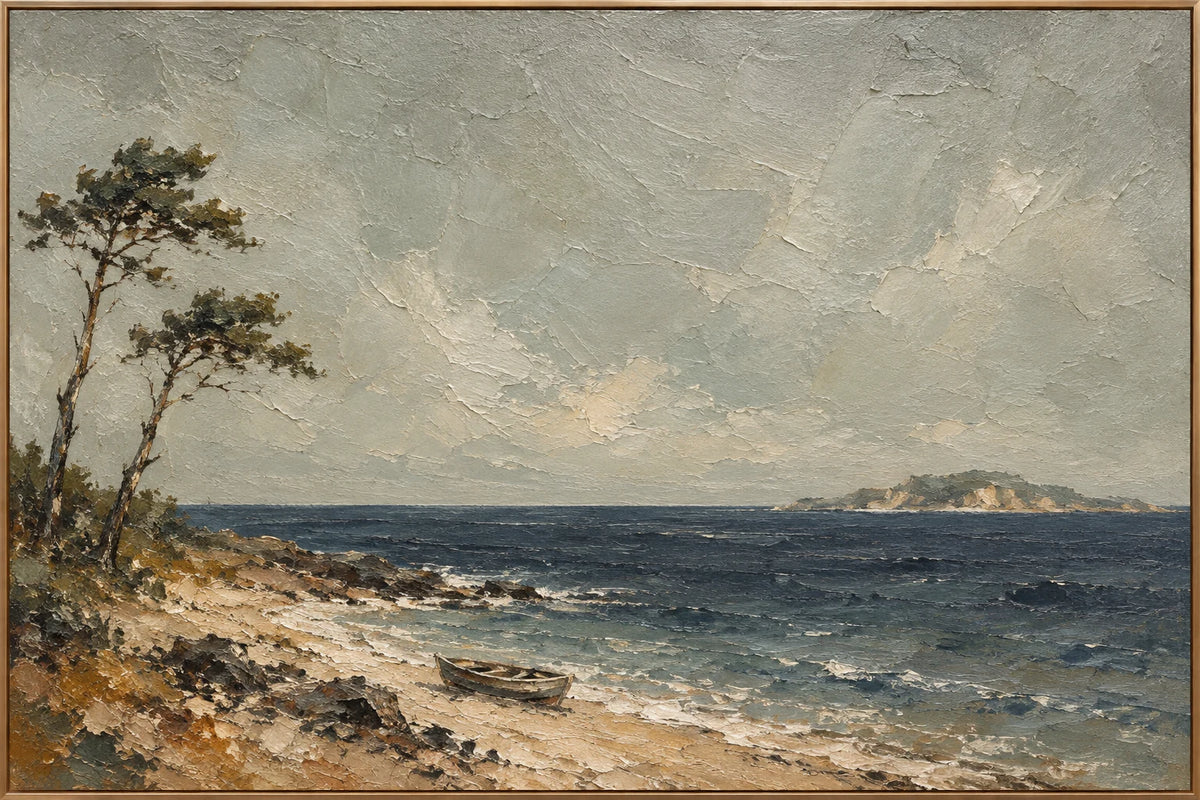 Beyond the Bay, a textured seascape oil painting in a narrow gold frame