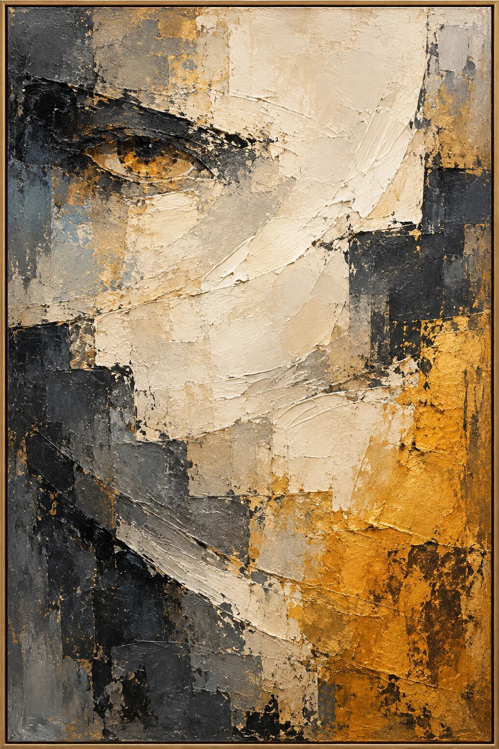 Amber Gaze, a textured abstract eye oil painting in a narrow gold frame