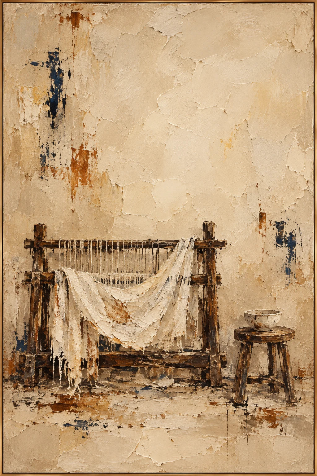 Threads of Stillness, a textured loom still life oil painting in a narrow gold frame