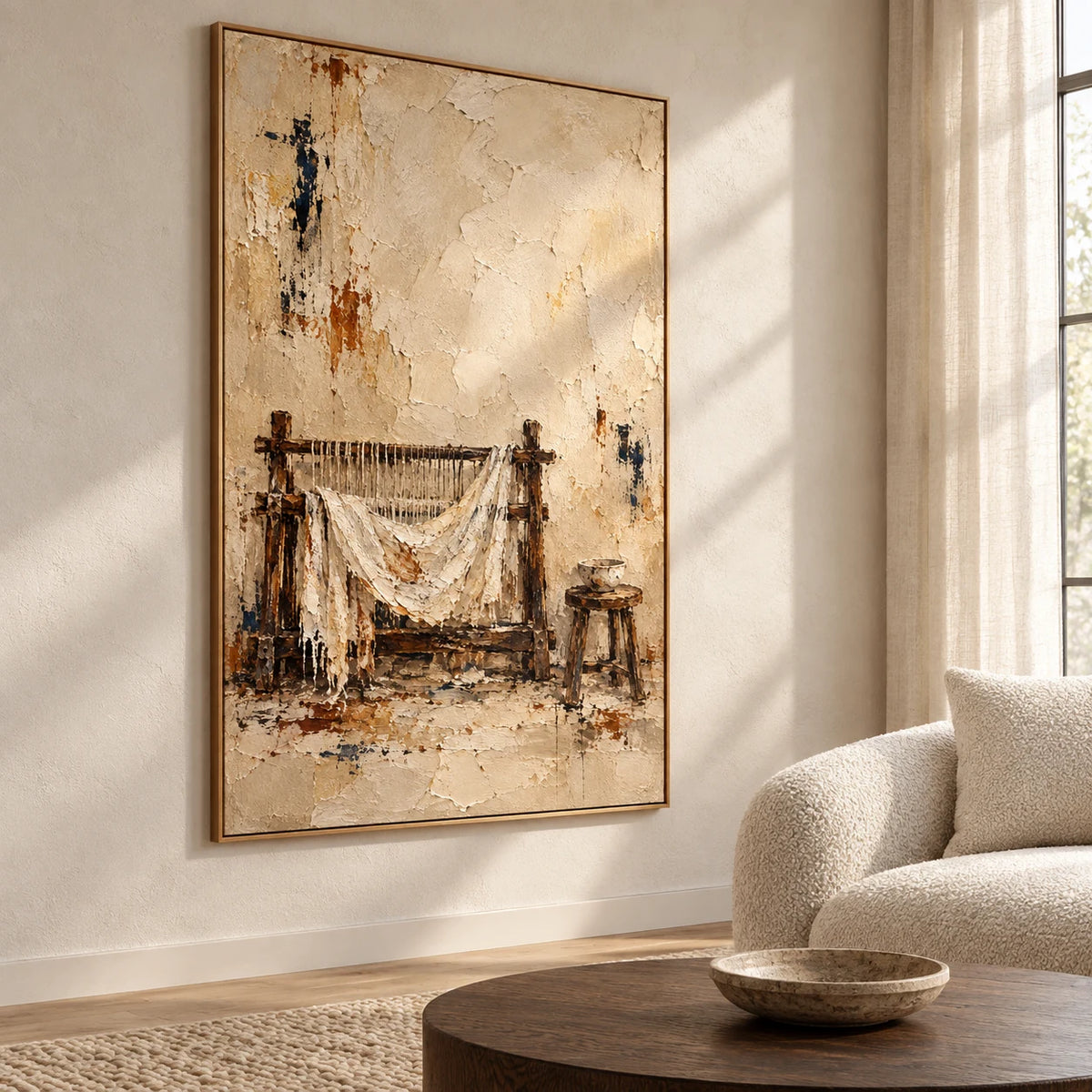 Threads of Stillness displayed in a living room, viewed from the left