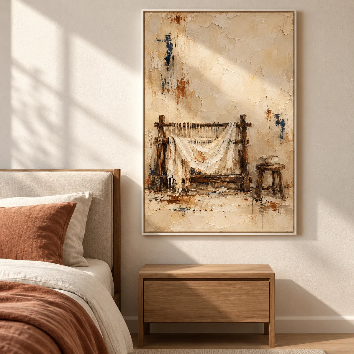 Threads of Stillness displayed in a bedroom, front view
