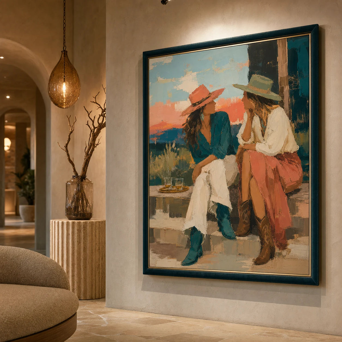 Two in Conversation shown from a close oblique interior angle