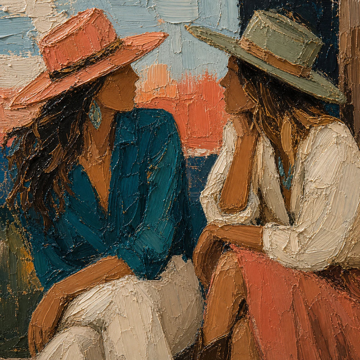 Two in Conversation detail showing the painted subject and textured color