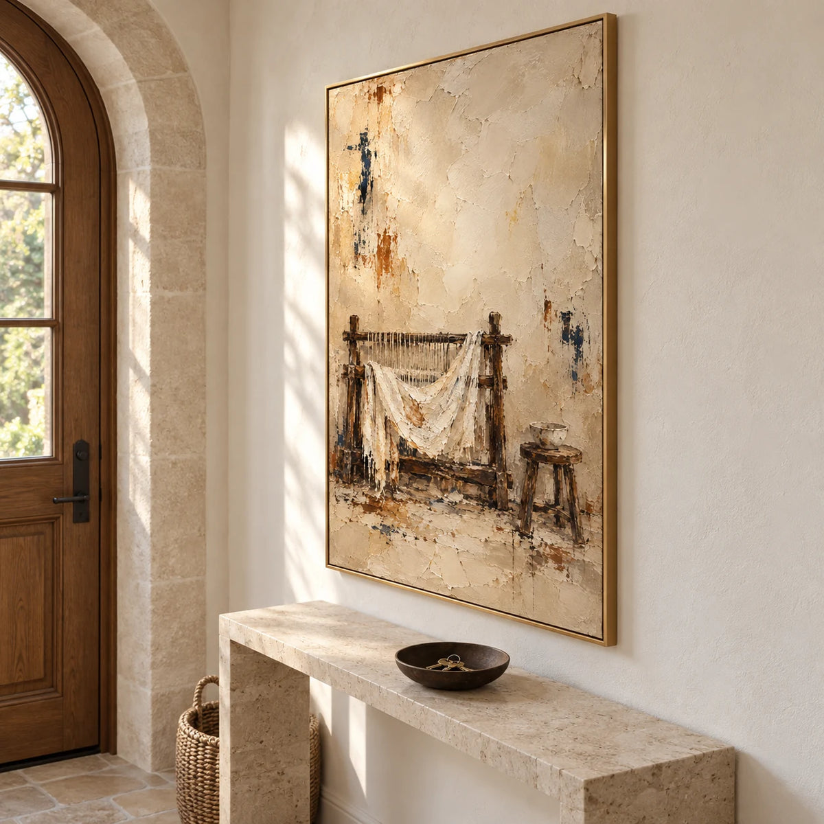 Threads of Stillness displayed in a entryway, viewed from the right