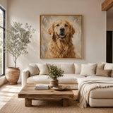 Custom pet oil painting hanging in modern Scandinavian living room, Golden Retriever portrait above a sofa