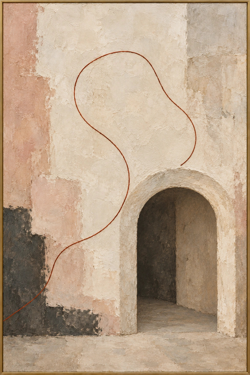 Pale Passage, cream and blush textured arch with a rust-red line