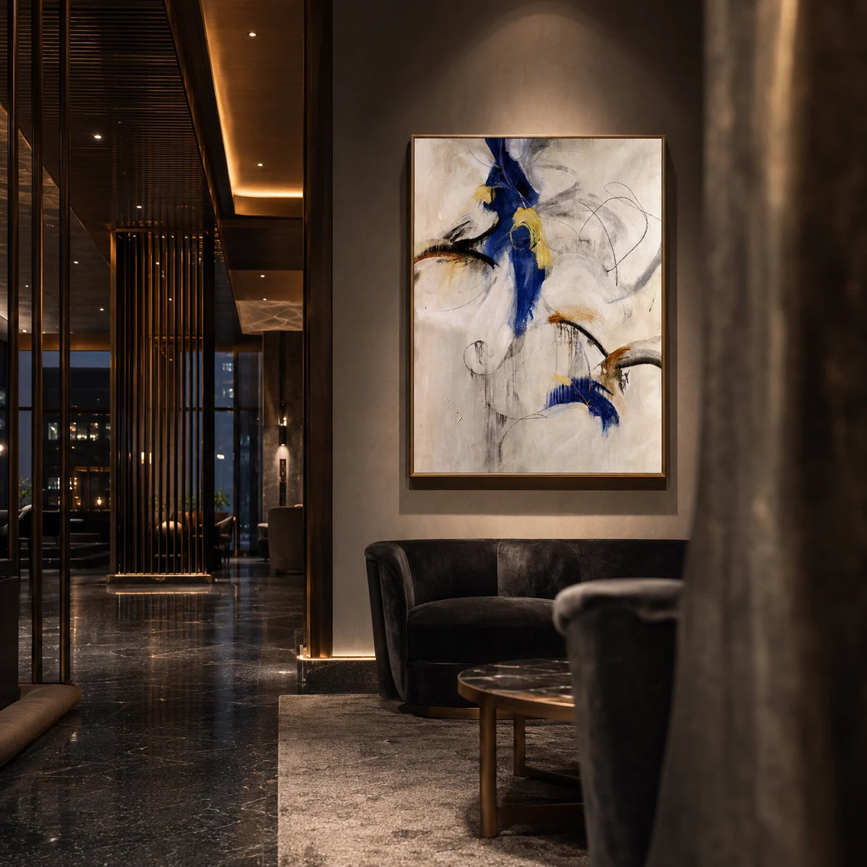Countercurve framed in a dark contemporary lounge