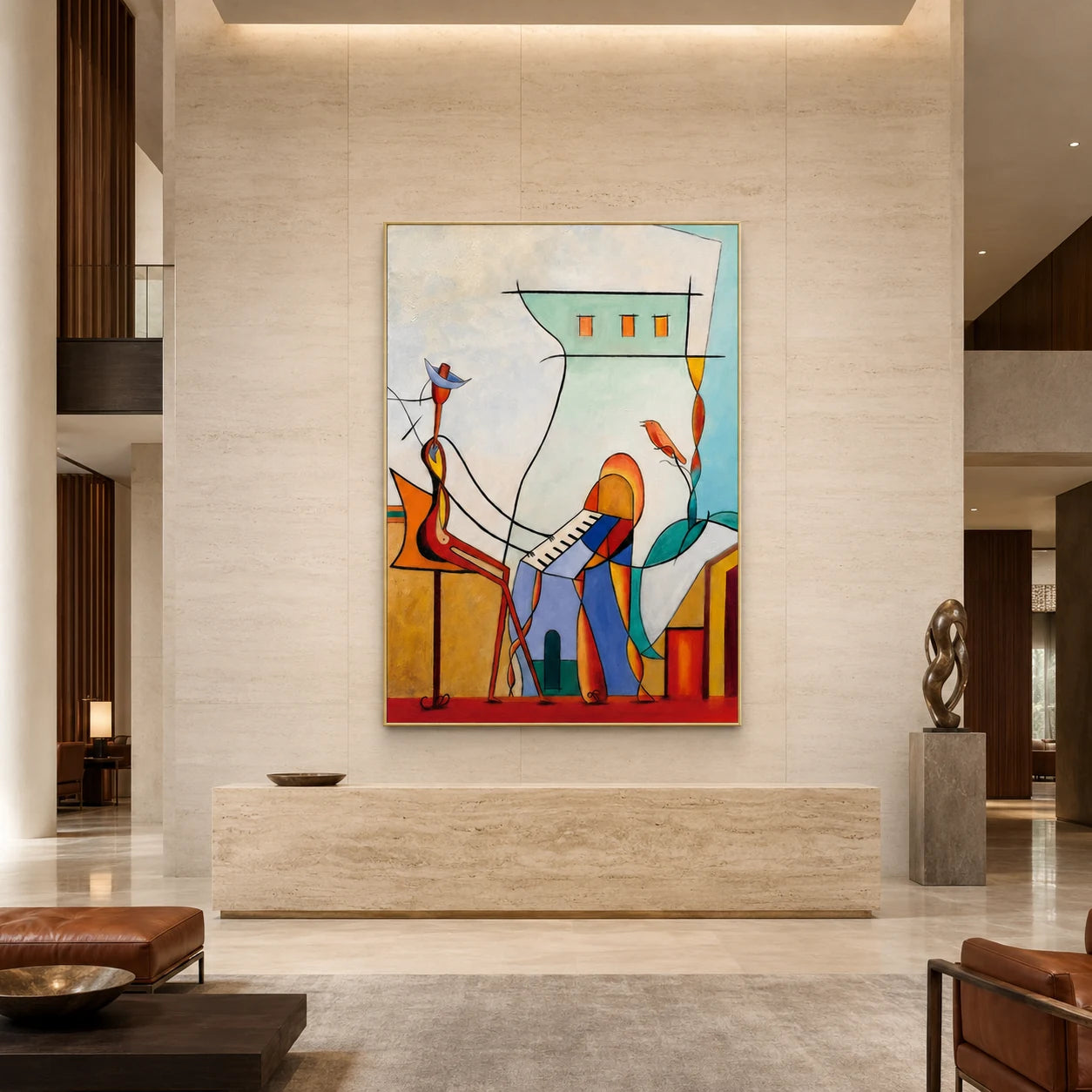 Salon - front view of a colorful vertical figurative painting