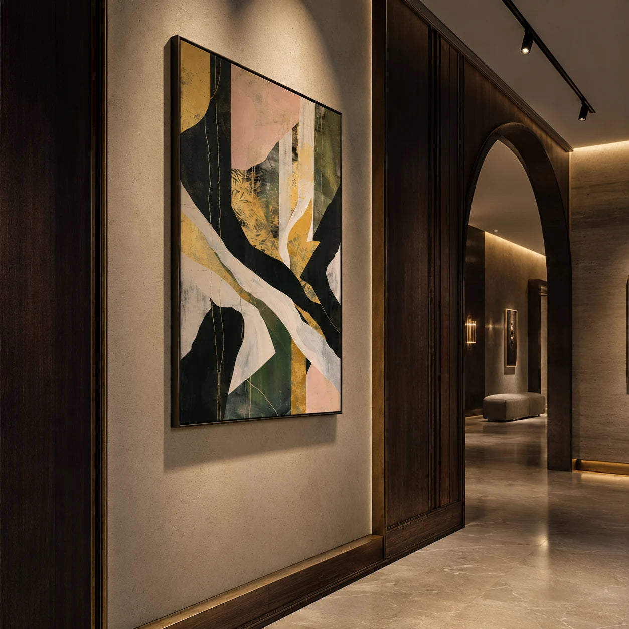 Entanglement - hand-painted vertical oil painting in a styled interior