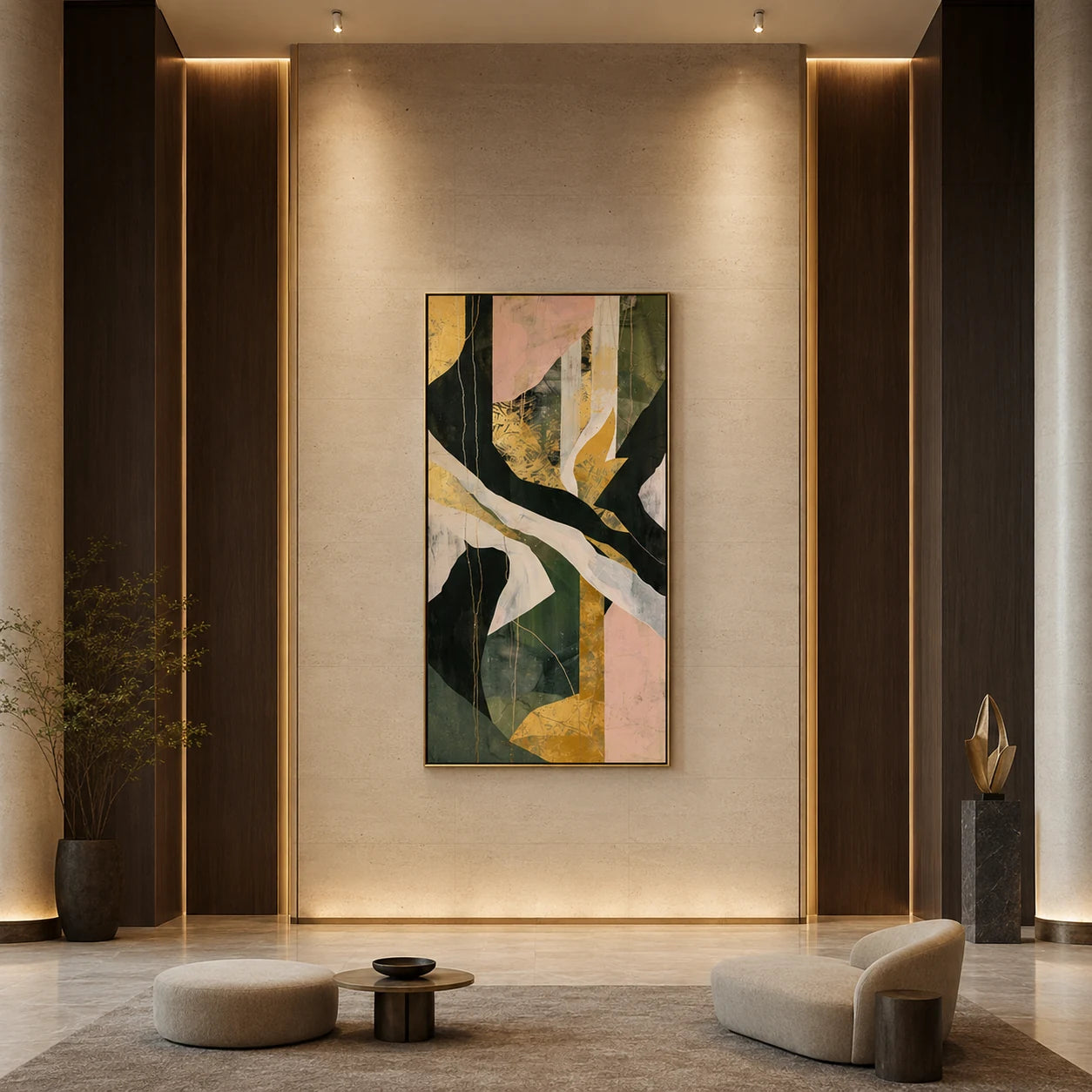 Entanglement - hand-painted vertical oil painting in a styled interior