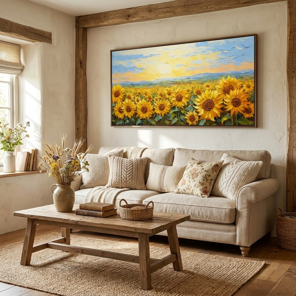 Sunlit Fields - hand-painted landscape oil painting on canvas detail 2 by Realoilart