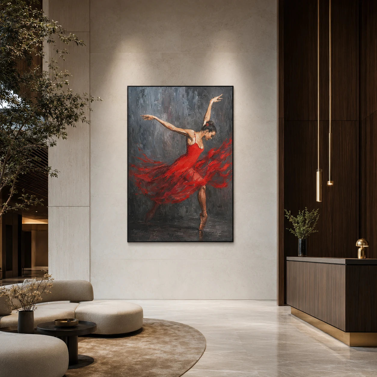 Arabesque - front view of a vertical red dancer painting