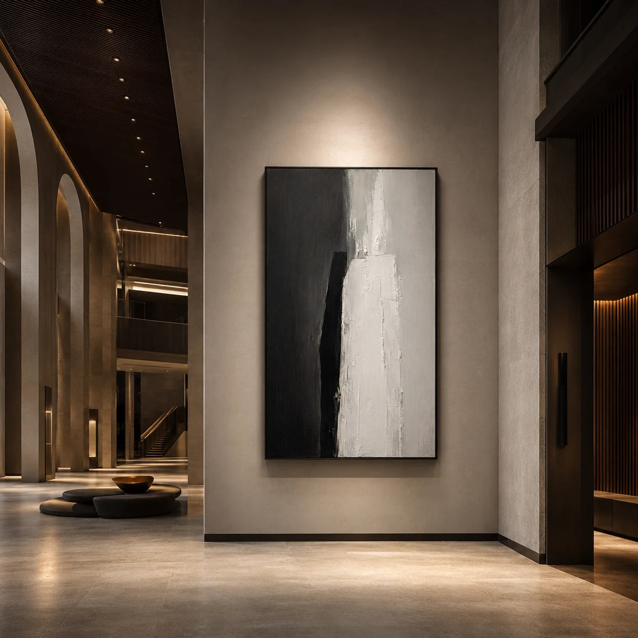 Monochrome Threshold - hand-painted abstract oil painting in a styled interior