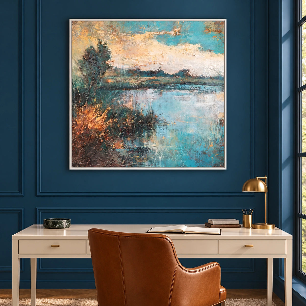 Amber Waterline, pale aqua pond with a dark left tree and amber grasses; frontal display above a cream study desk.