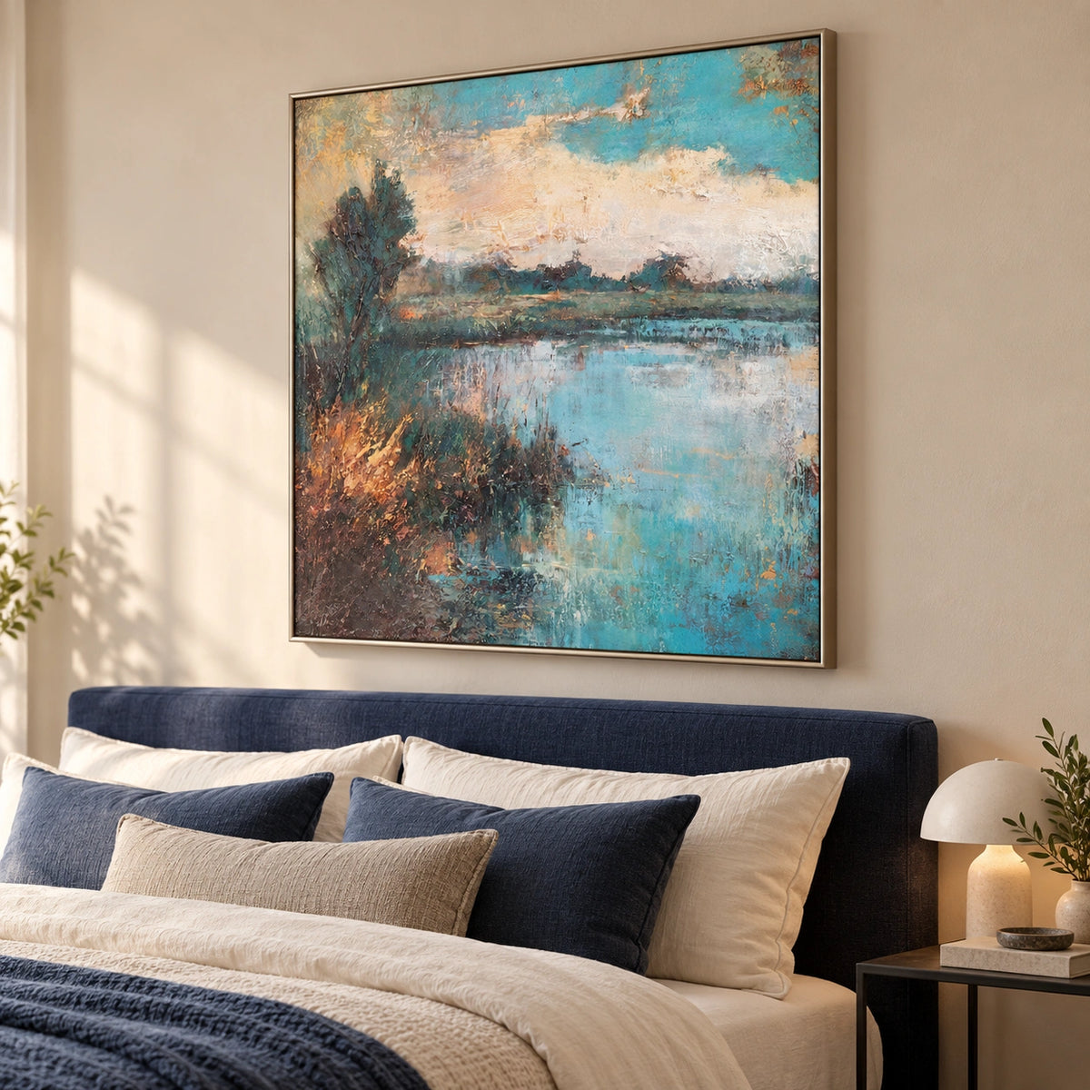 Amber Waterline, pale aqua pond with a dark left tree and amber grasses; right view above a bedroom headboard.