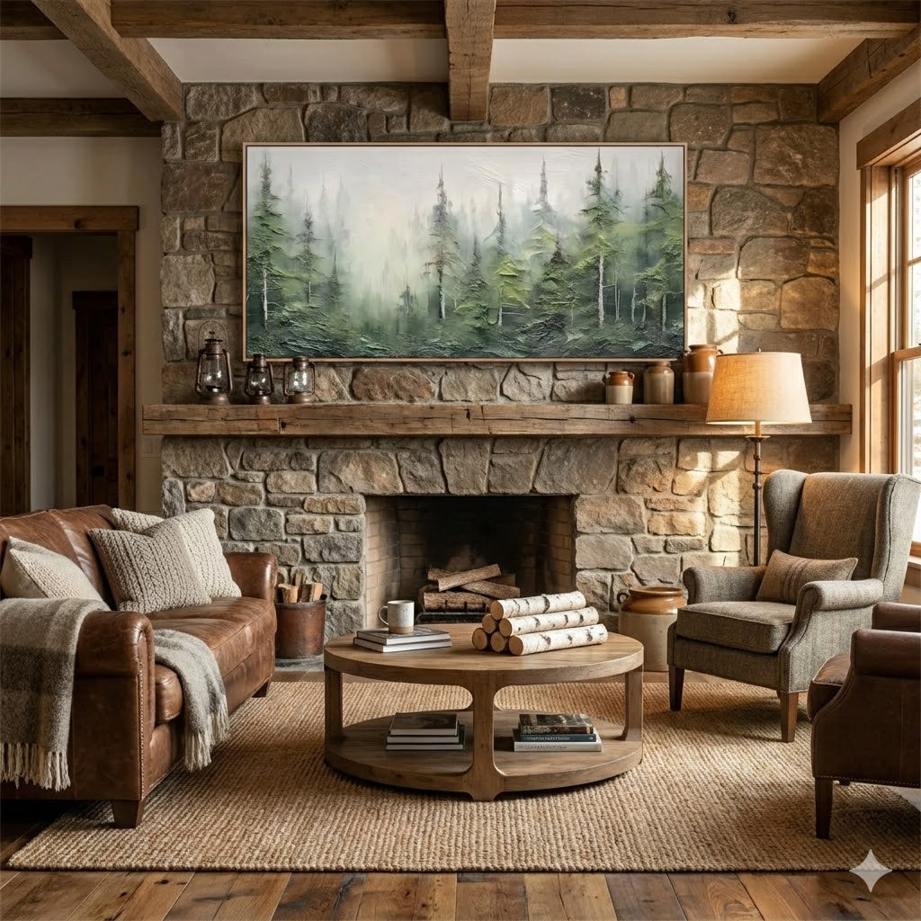 Misty Pines - hand-painted landscape oil painting on canvas by Realoilart