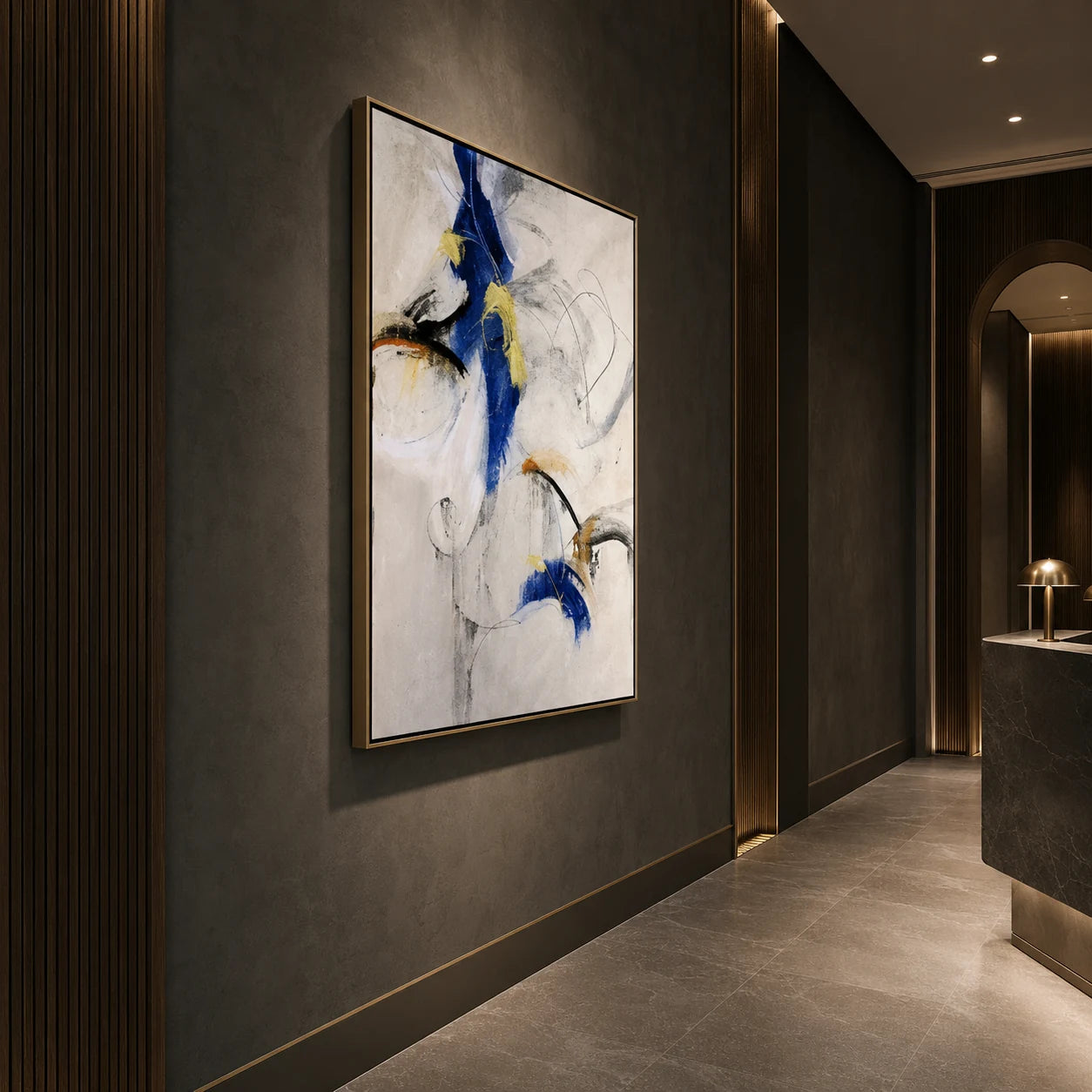 Blue Fugue - hand-painted abstract oil painting in a styled interior