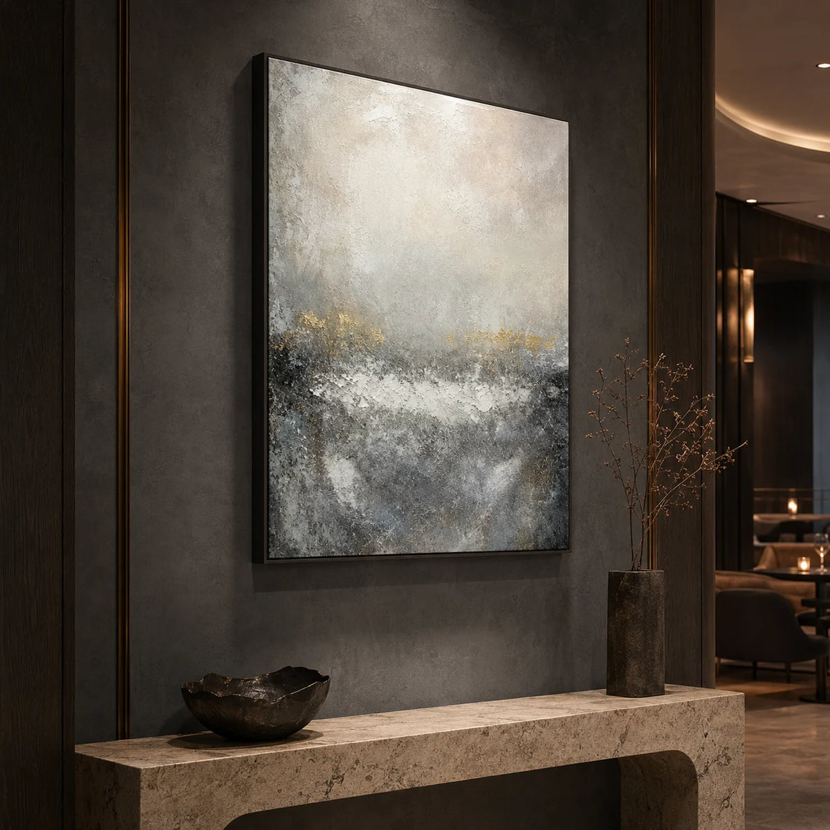 Silver Rising - hand-painted abstract oil painting in a styled interior