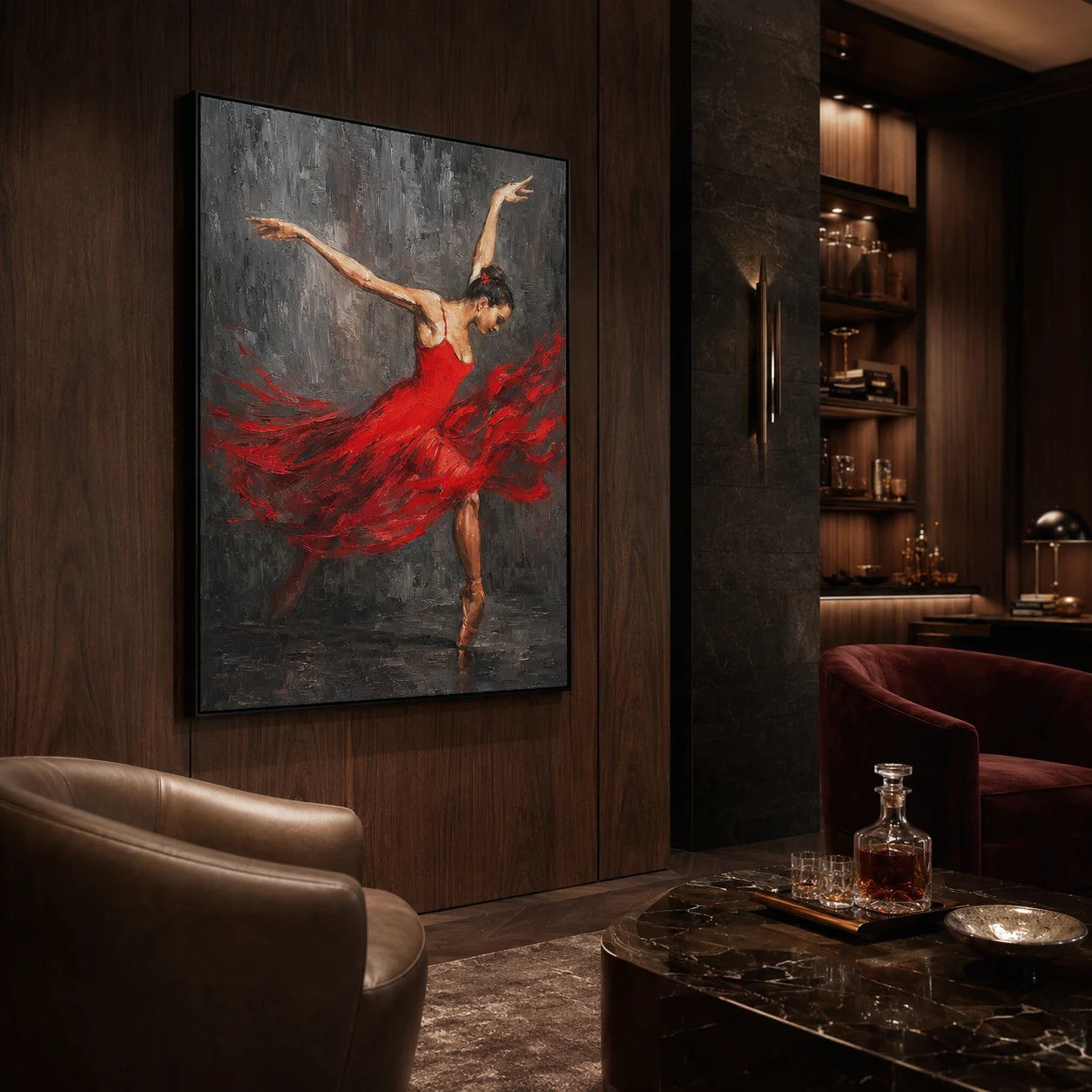 Arabesque framed in a dark wood lounge