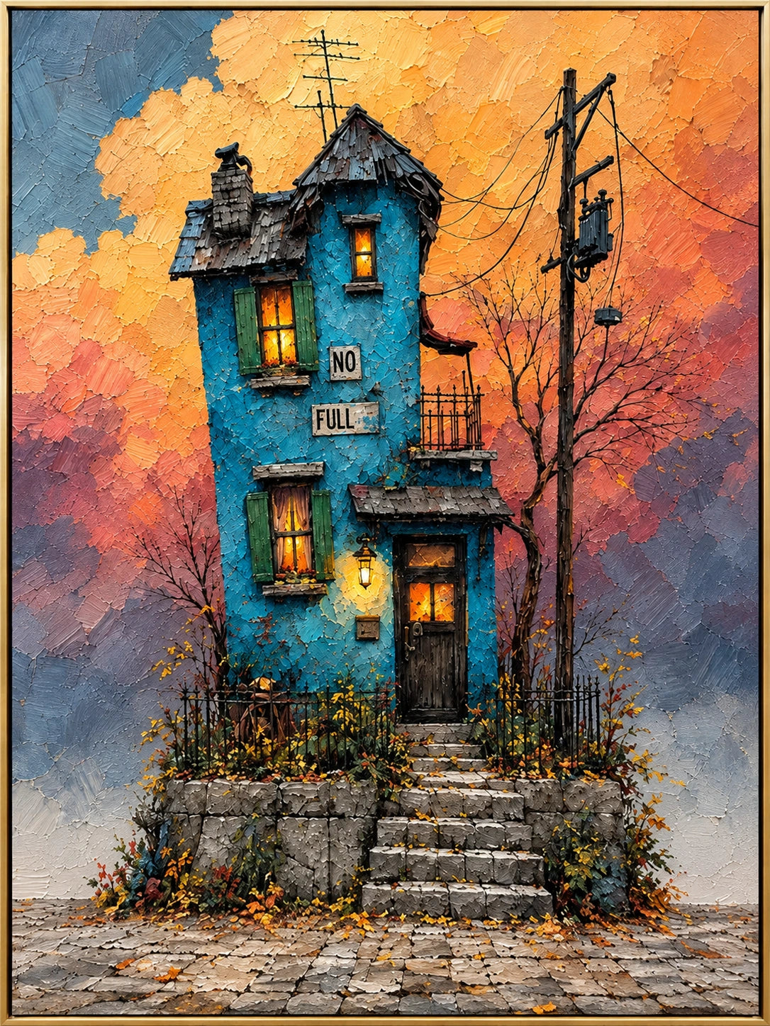 Blue House at Dusk - complete framed artwork