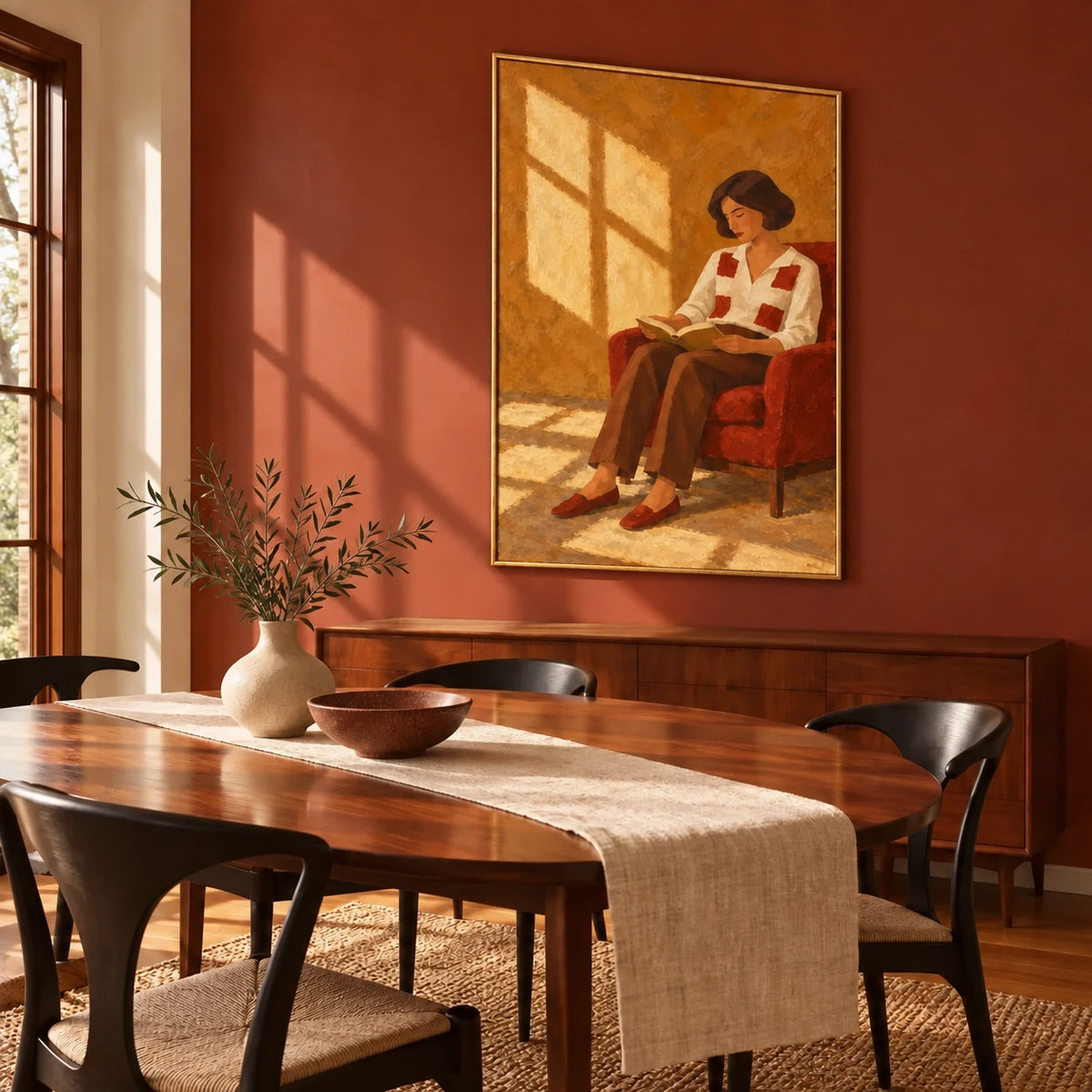 Checkered Hours displayed in a dining room, corrected frame perspective