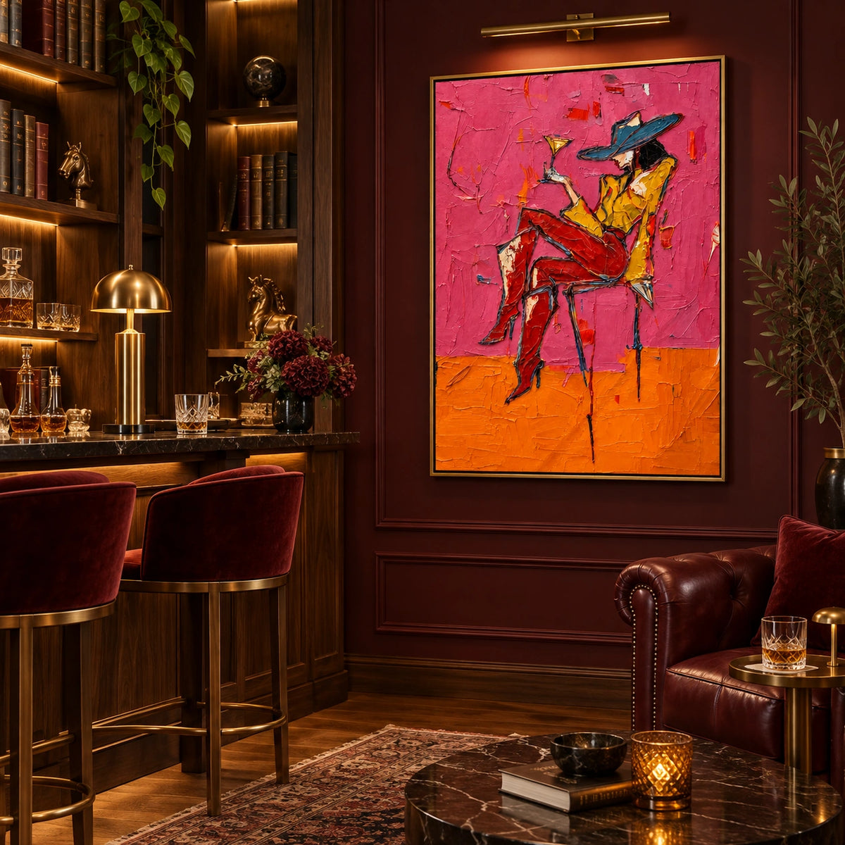 Pink Hour woman with cocktail displayed in a distinct interior