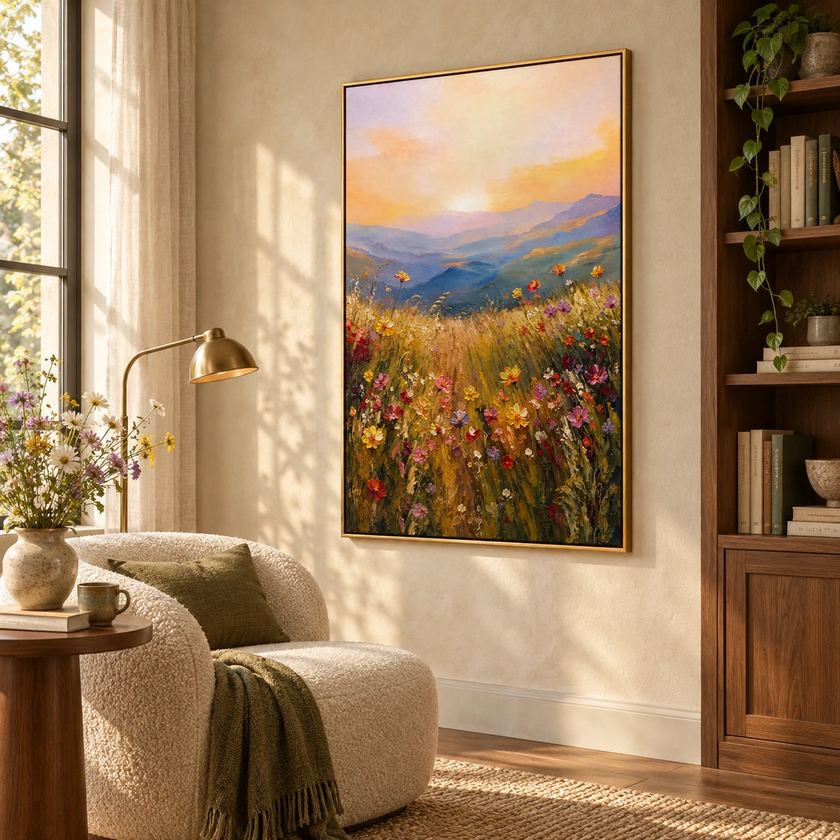 Golden Meadow oil painting displayed in a scene 1 left room view