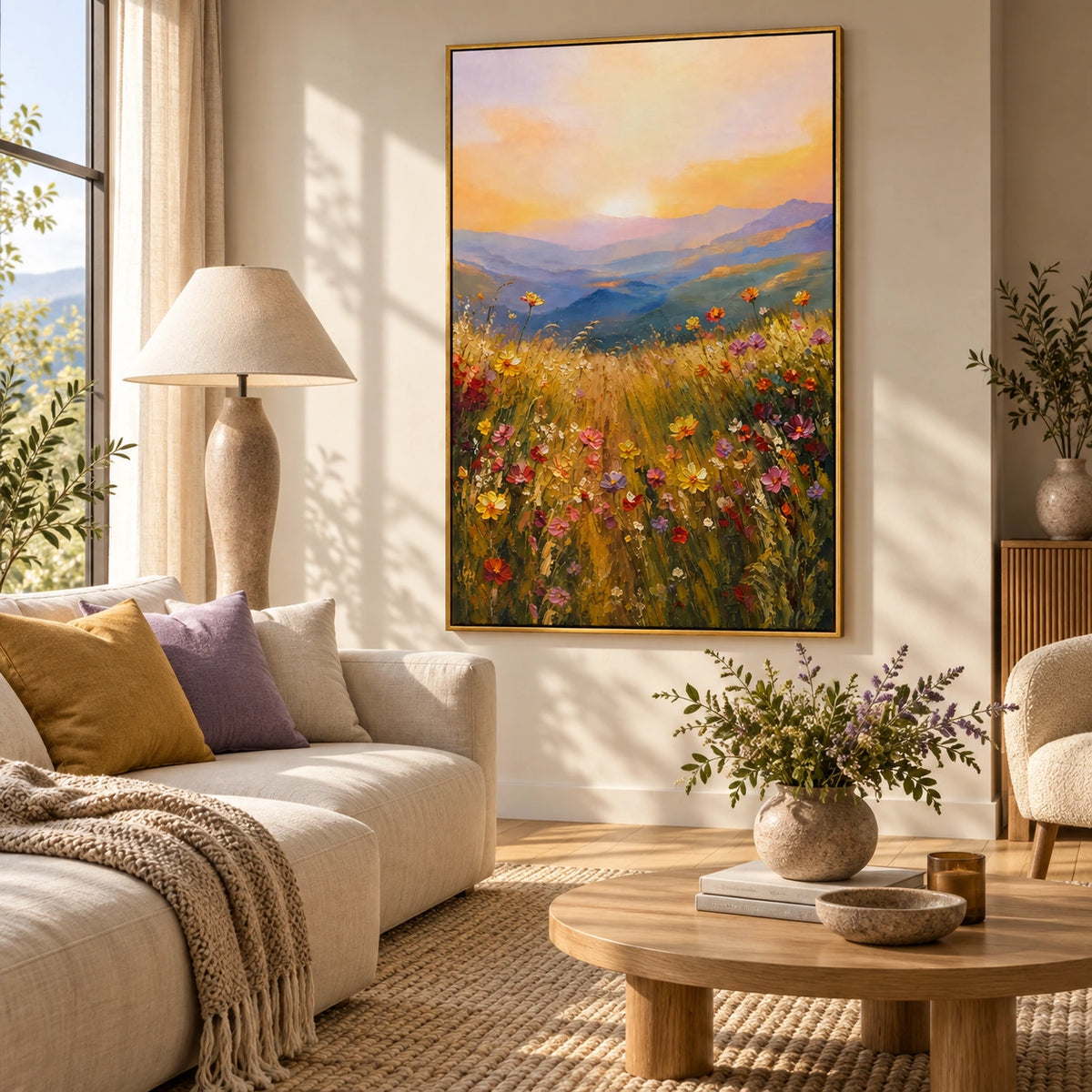 Golden Meadow oil painting displayed in a scene 2 left room view
