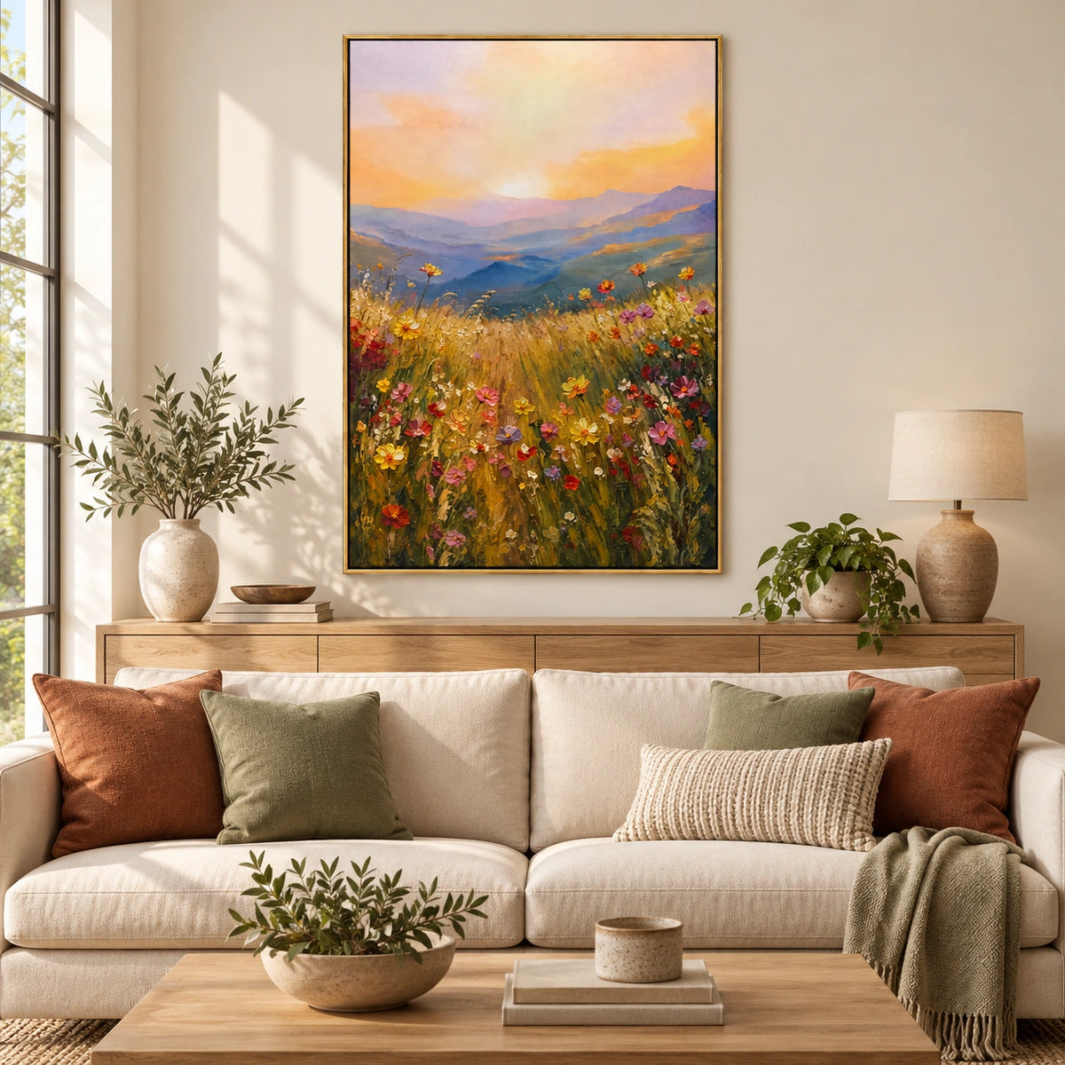 Golden Meadow oil painting displayed in a scene 3 front room view