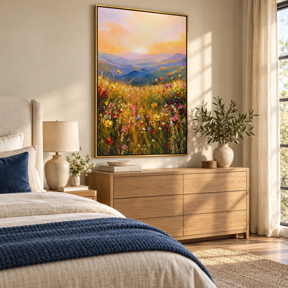 Golden Meadow oil painting displayed in a scene 5 right room view