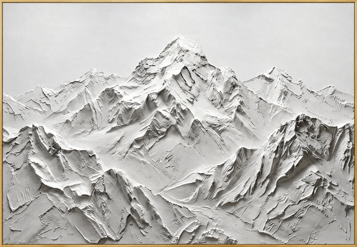 Alpine Silence | Hand-Painted Mountain Landscape Oil Painting | Complete artwork front view with narrow champagne gold fine frame