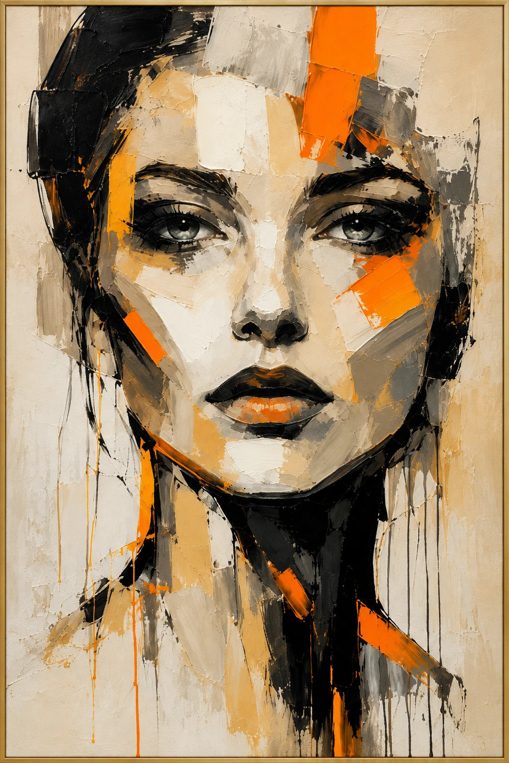 Face in Firelight | Hand-Painted Figurative Oil Painting | Complete artwork front view with narrow champagne gold fine frame