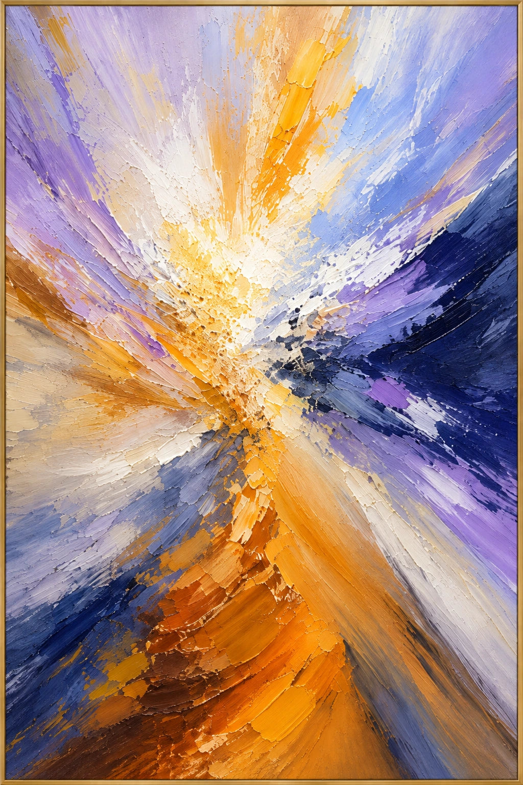 Violet Sunburst | Hand-Painted Abstract Oil Painting | Complete artwork front view with narrow champagne gold fine frame