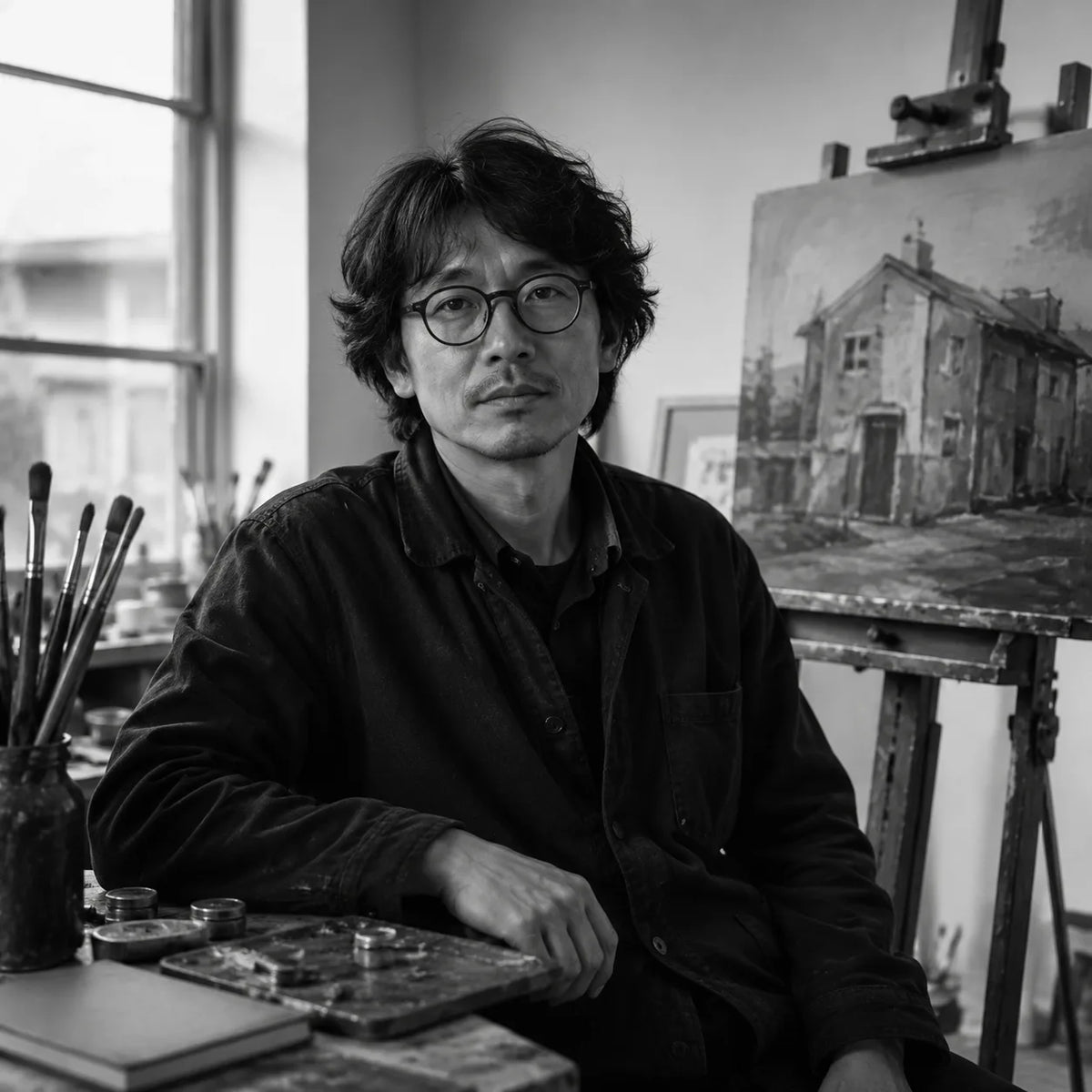 Naoto Morikawa seated in his painting studio beside an architectural landscape