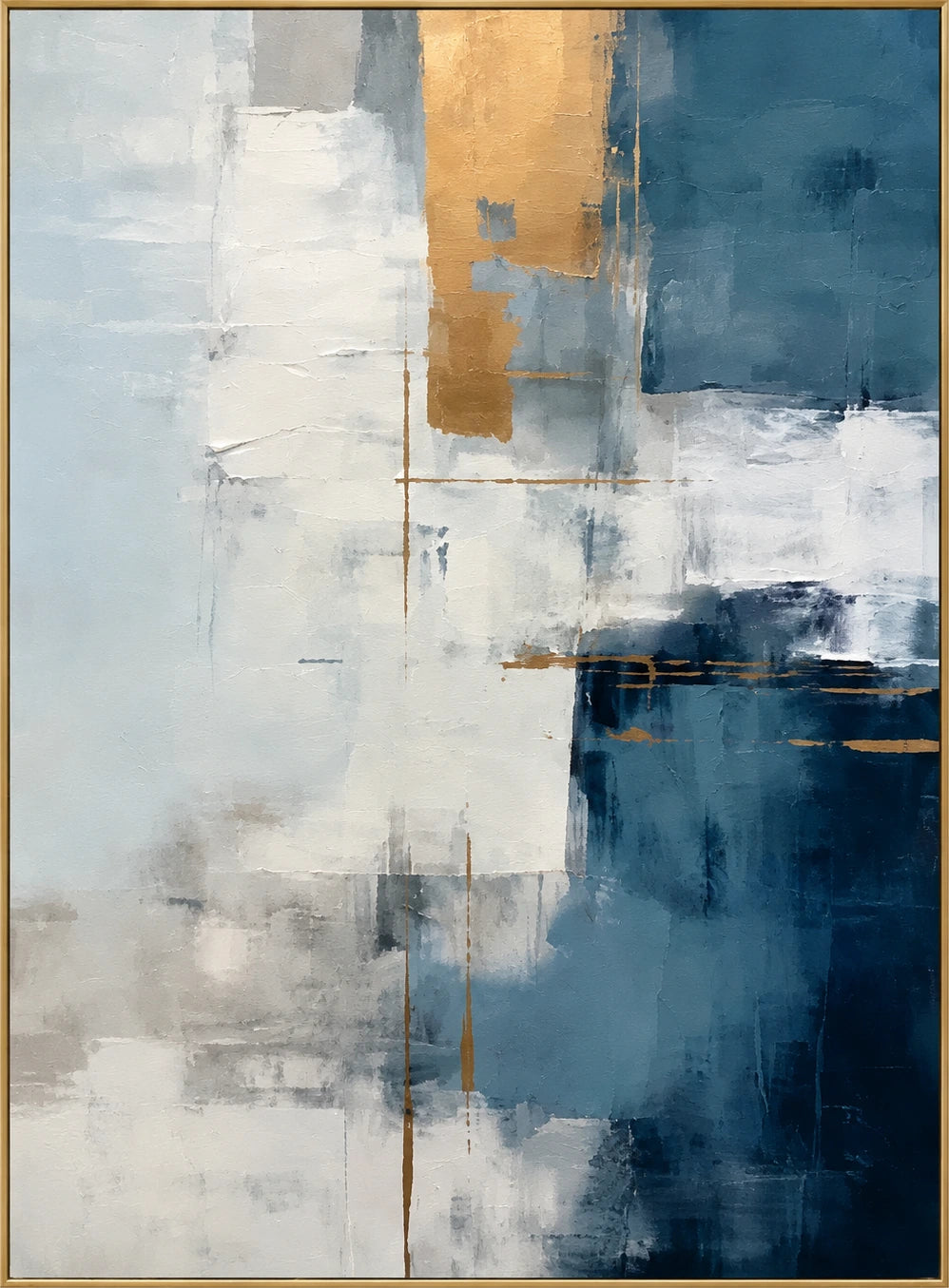 Azure Balance | Hand-Painted Abstract Oil Painting | Complete artwork front view with narrow champagne gold fine frame