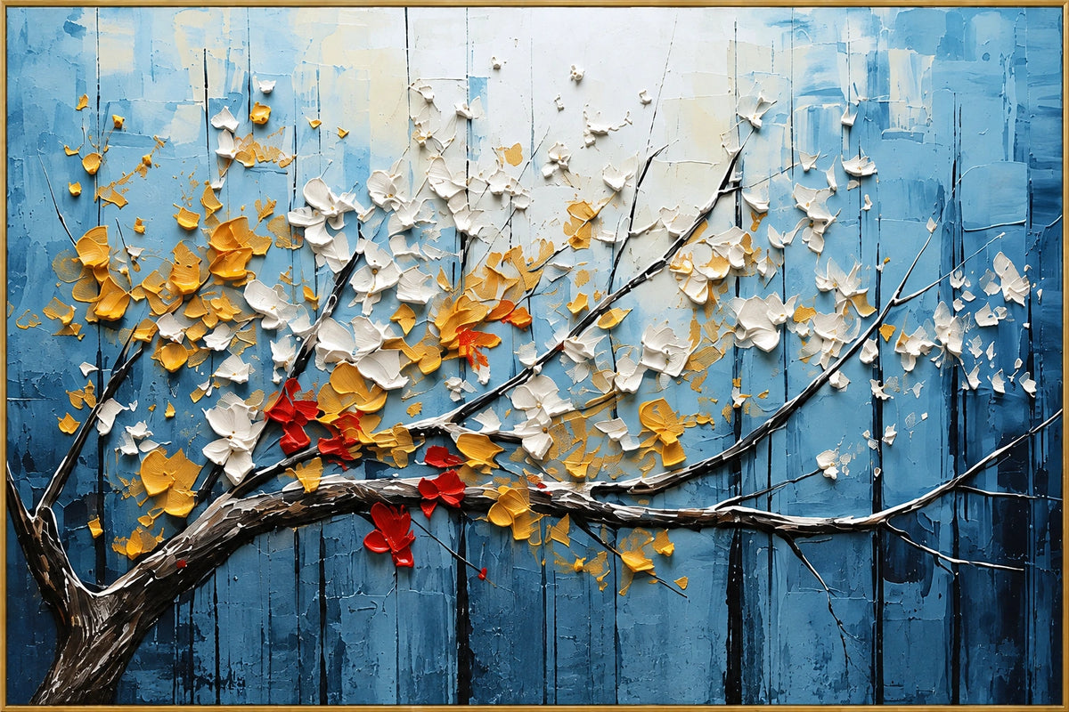 Golden Branches | Hand-Painted Floral Oil Painting | Complete artwork front view with narrow champagne gold fine frame