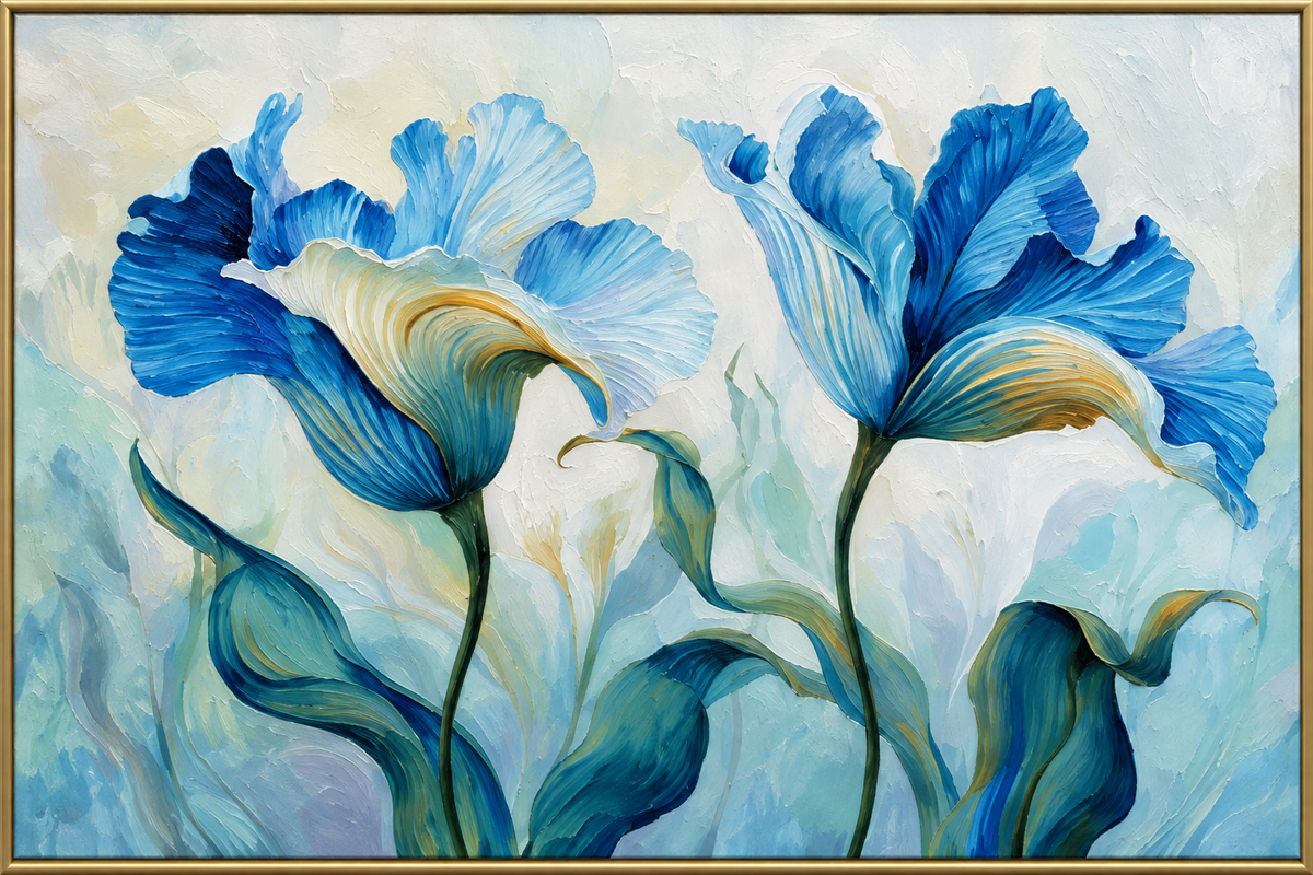Blue Irises | Hand-Painted Floral Oil Painting | Complete painting, narrow champagne bronze-gold frame, front view