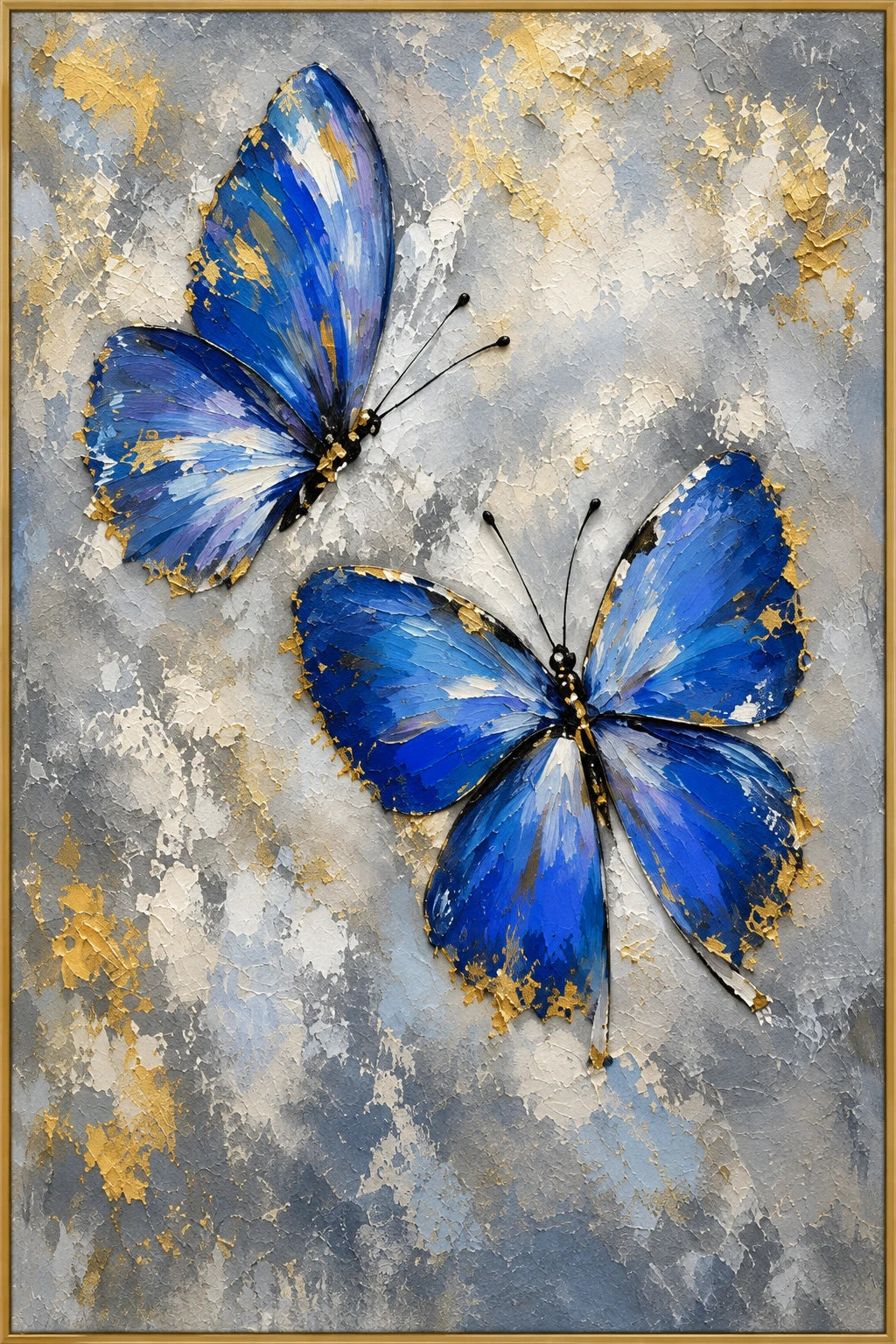 Blue Butterflies Aloft | Hand-Painted Butterfly Oil Painting | Complete artwork front view with narrow champagne gold fine frame