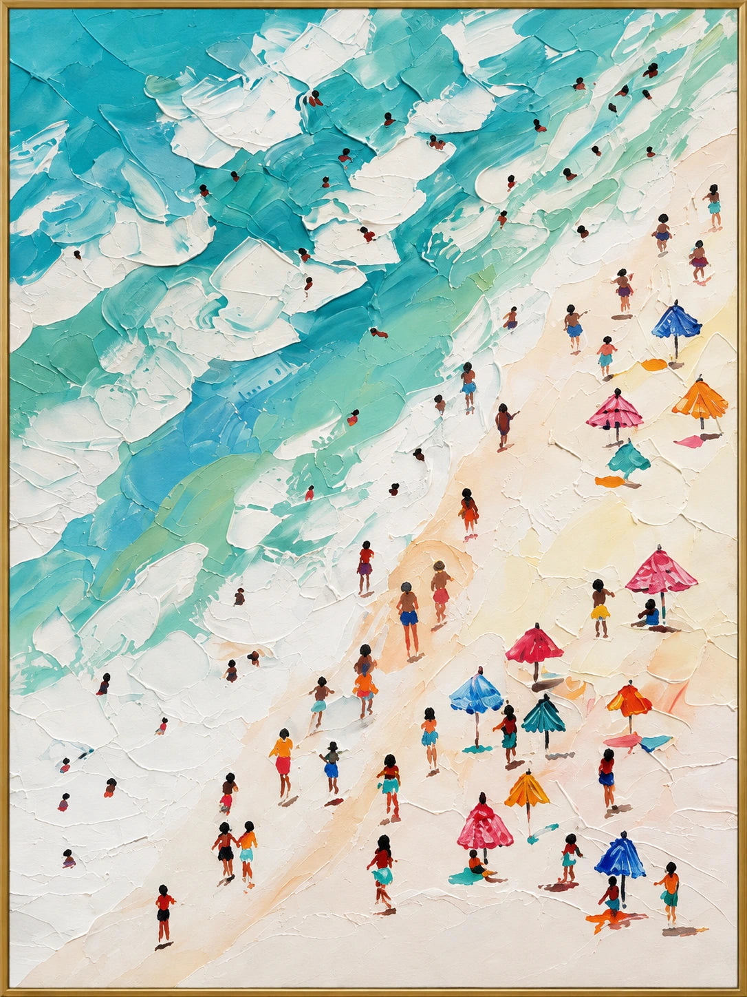 Beachside Joy | Hand-Painted Coastal Oil Painting | Complete artwork front view with narrow champagne gold fine frame