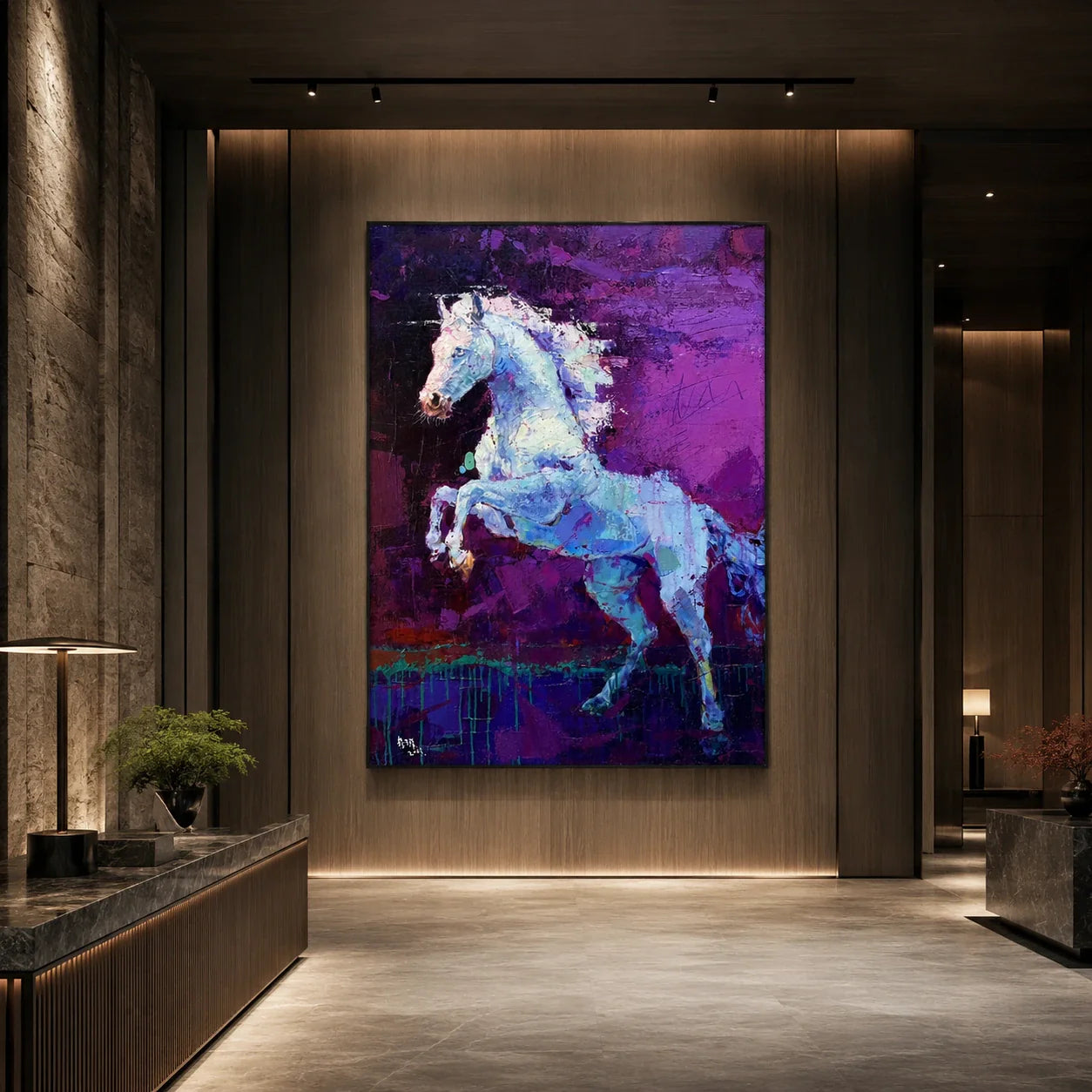 Realoilart white horse purple background hand painted oil painting wall scene