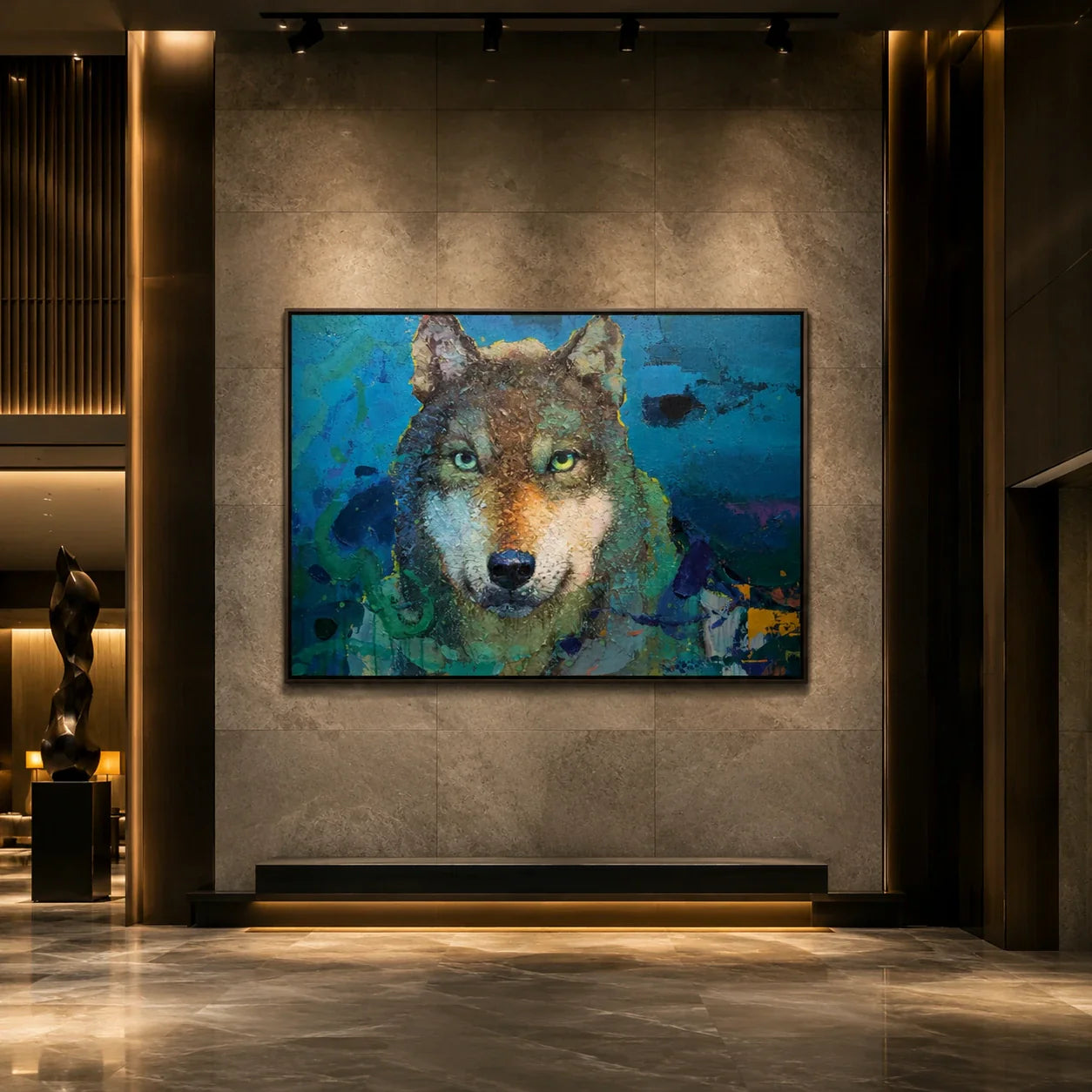 Realoilart wolf blue green background hand painted oil painting wall scene