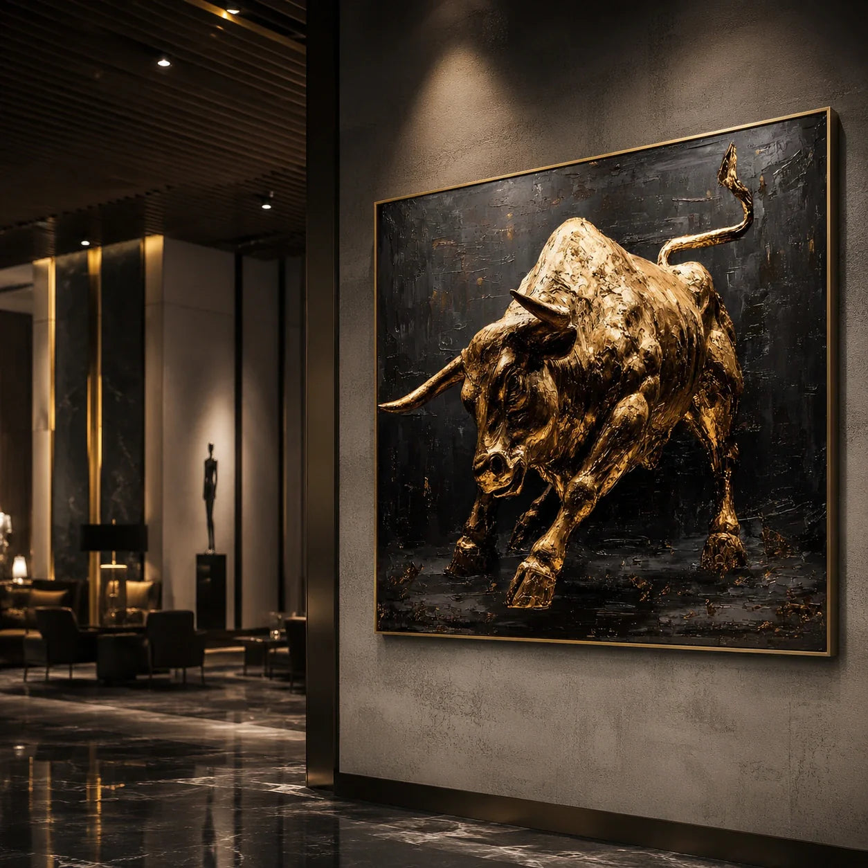 Realoilart golden bull black background hand painted oil painting wall scene