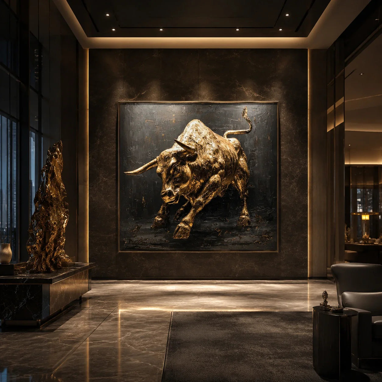 Realoilart golden bull black background hand painted oil painting living room scene