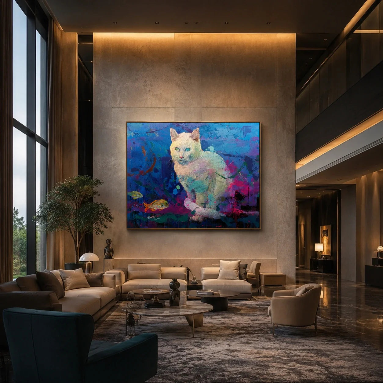 Realoilart colorful cat blue purple background hand painted oil painting space view