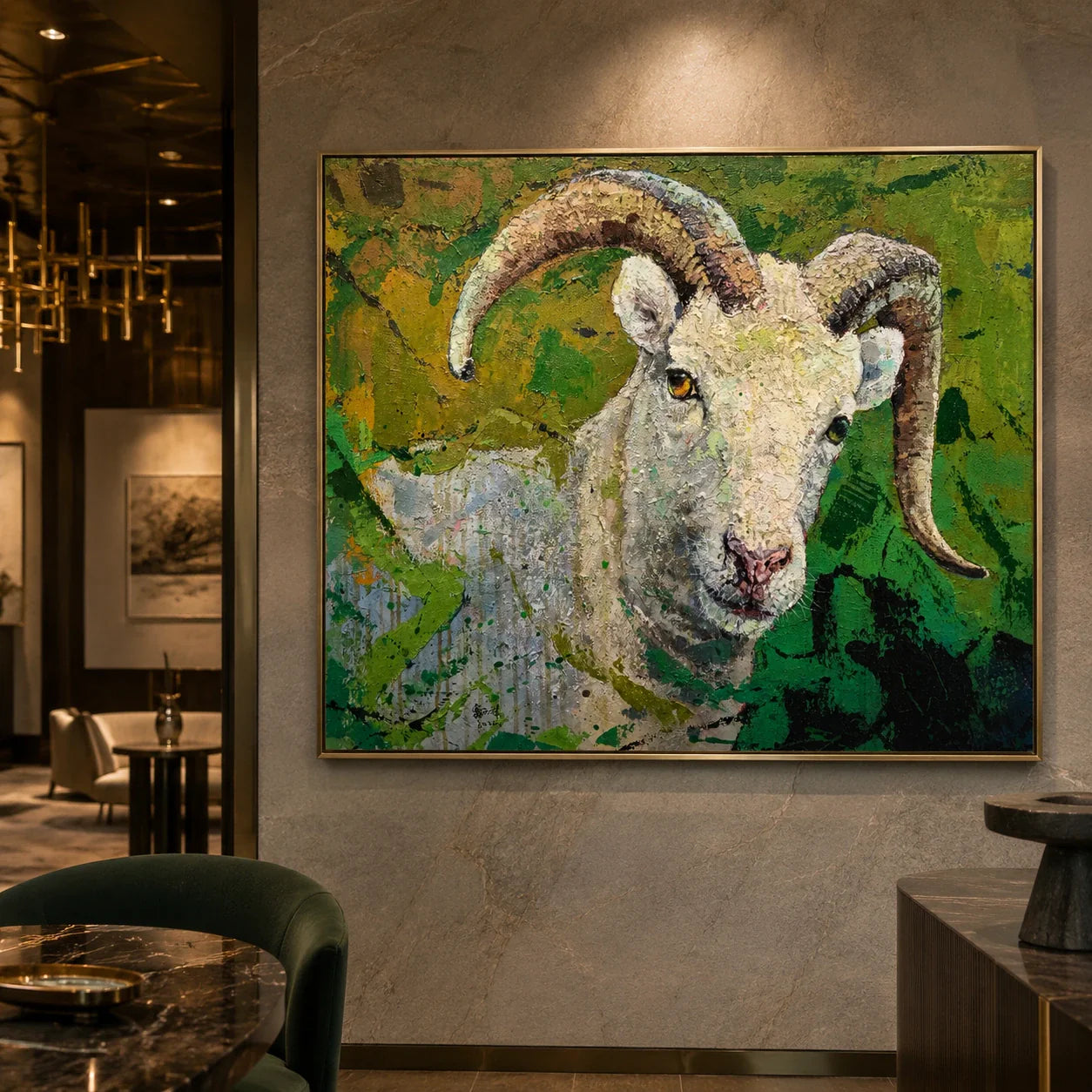 Realoilart goat green background hand painted oil painting wall scene