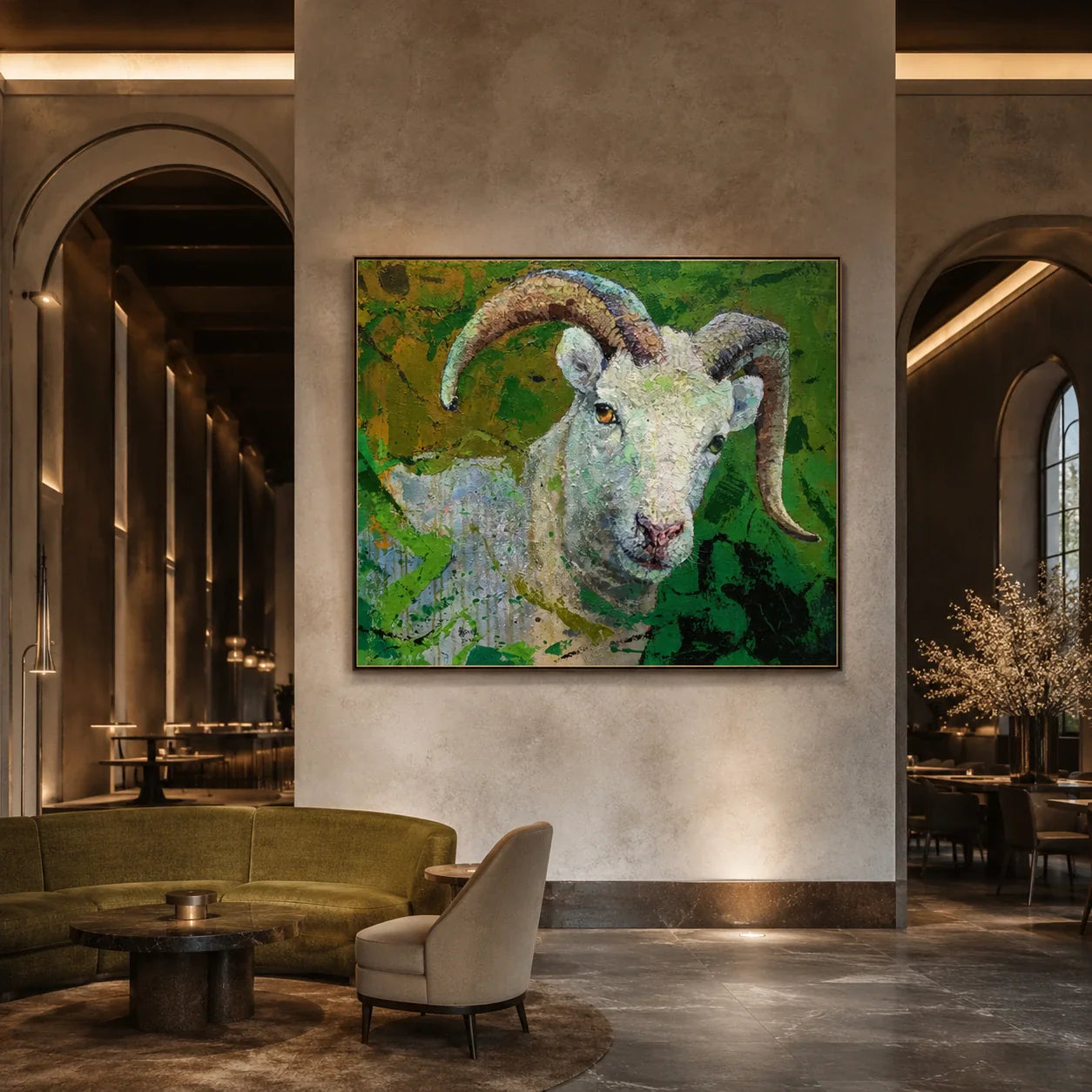 Realoilart goat green background hand painted oil painting detail closeup