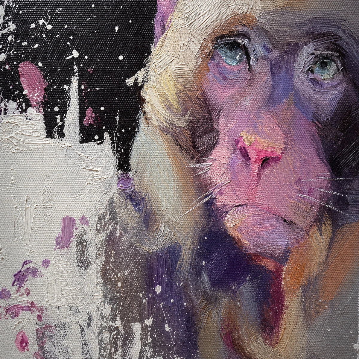 Realoilart monkey black white pink background hand painted oil painting space view