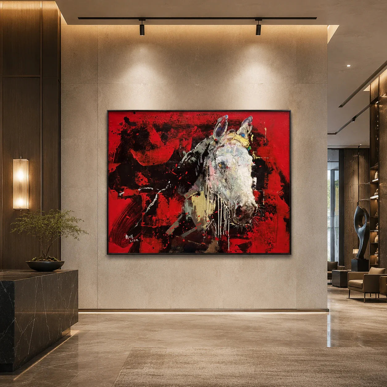 Realoilart white horse red background hand painted oil painting wall scene